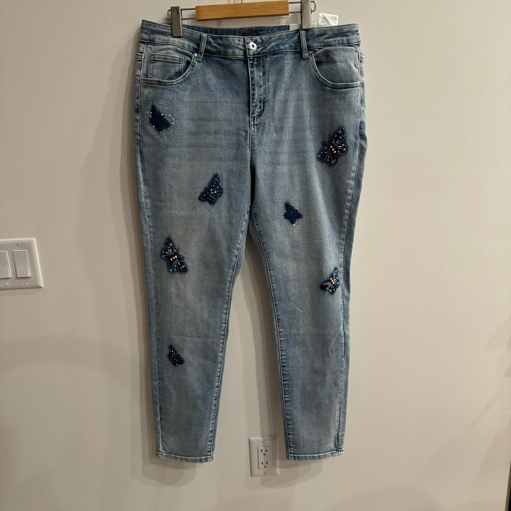 Light Blue Jeans with Embroidered Butterflies Designs
